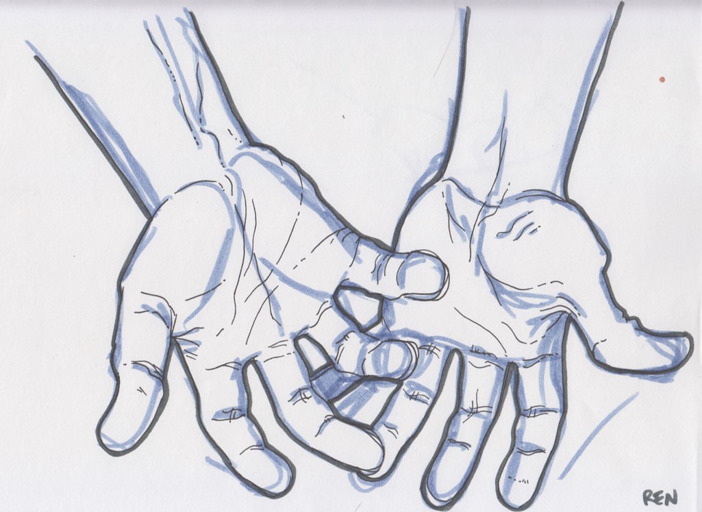 I drew the hands with light blue marker then cleaned up with black on paper.