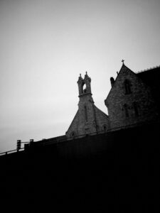 Black and white photo of church.