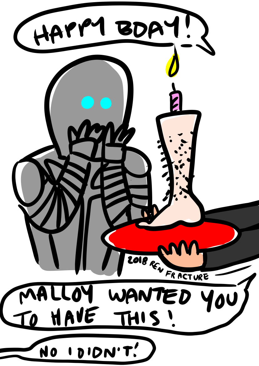 Digital drawing of Isaac from the sci-fi/comedy show The Orville accepting a severed leg on a pillow. The leg is sitting up right on the pillow with a lit birthday candle on top. The leg is from the character Gordon Malloy.
