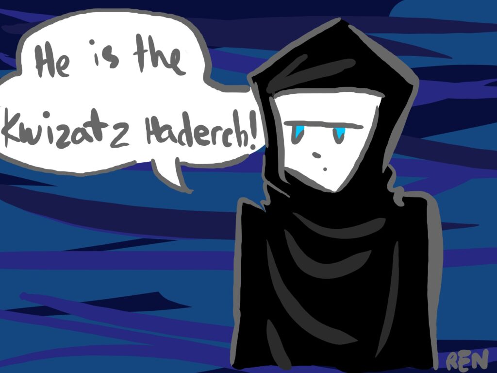 Digital drawing of Lady Alia Atreides wearing her black robe. This depiction for Alia is from the Dune 1984 movie directed by David Lynch and based on the 1965 Frank Herbert novel Dune. She is saying in a word bubble to the right of her, "He is the Kwisatz Haderach!" in reference to newly transformed Paul Atreides.