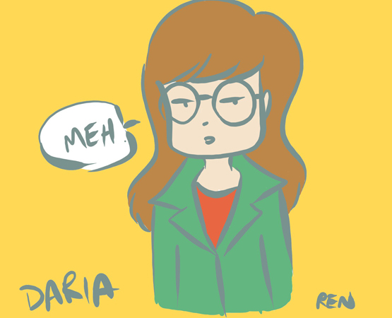 Digital drawing of Daria from the torso up. To the left of her is a word bubble where she is saying, "Meh."