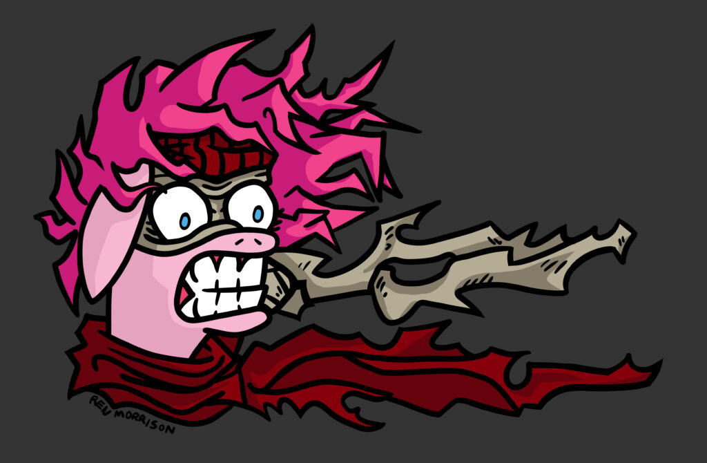 Digital drawing of portrait Pinkie Pie from My Little Pony Friendship is Magic as Stain from the anime My Hero Academia.