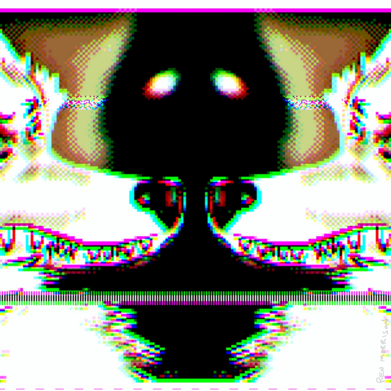 Digital drawing of Neos, a cute little dog that belongs to artist Theo/Notidee. There is a hooded shadowy figure out of focus in the back in the center. Drawing has been ran through an 8-bit filter and then mirrored.