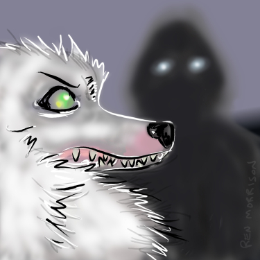 Digital drawing of Neos, a cute little dog that belongs to artist Theo/Notidee. There is a hooded shadowy figure out of focus in the back on the right.