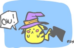 Derpy drawing of everyone's favorite yellow electric rat wearing a purple witch hat. It is yelling "Chu!"