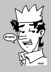 Digital drawing of Jughead Jones in black and white with a grey background. There is a speech bubble to the left. Jughead is saying, "Sigh."