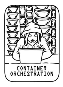 Drawing of Ian Coldwater wearing a hoodie sitting at a laptop with plastic storage containers stacked up behind them.