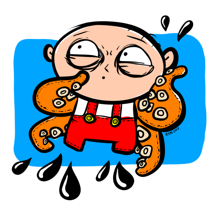 Fan art digital art drawing of Stewie from Family Guy cartoon as a hybrid octopus/human baby. Instead of arms, he has 2 tentacles on each side.