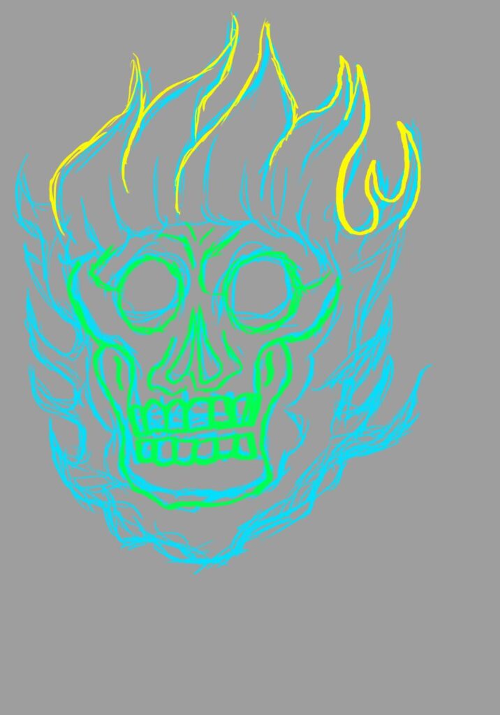 Work in progress "Flaming Skull" art by Dexter Thurman.