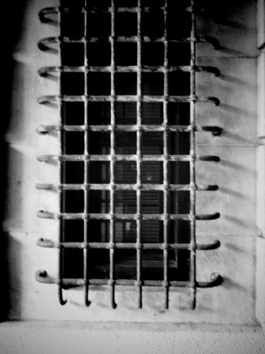 Black and white photo of bars over a window.