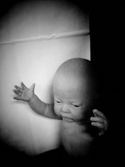 Black and white photo of creepy life-like baby doll reaching up against a white brick wall.