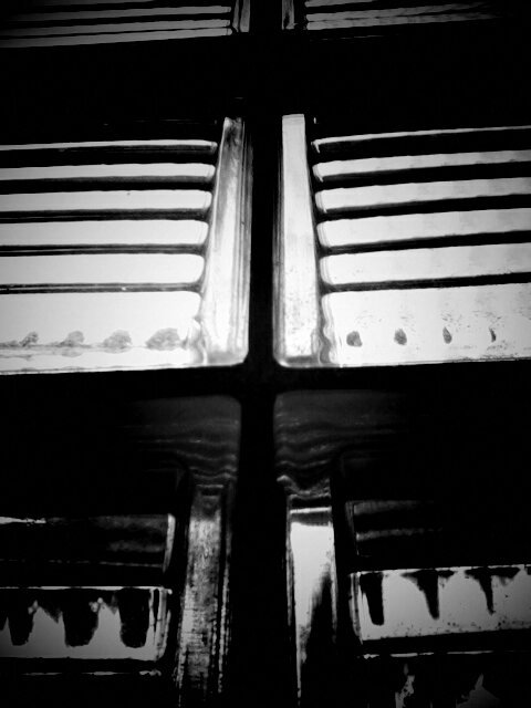 Black and white photo of closeup of a window made of glass blocks.