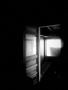 Black and white photo from inside of backyard house.