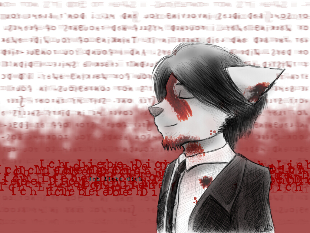 Scanned drawing of furry character wearing a suit and tie. There is blood smeared on his face and he is smiling. Inspired by the My Chemical Romance album art Three Cheers For Sweet Revenge.