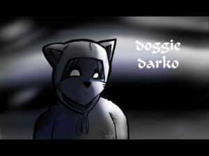 Scanned drawing of furry character wearing hood with ears. Title next to it "Doggie Darko." Fan art of Donnie from Donnie Darko.