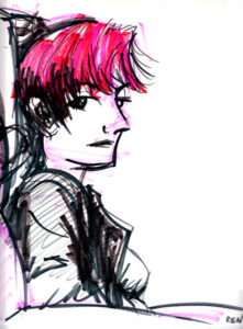 Marker drawing of Trista, girl with short red hair sitting in chair.