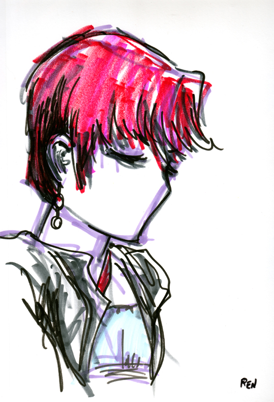 Marker drawing of girl with short red hair bust.