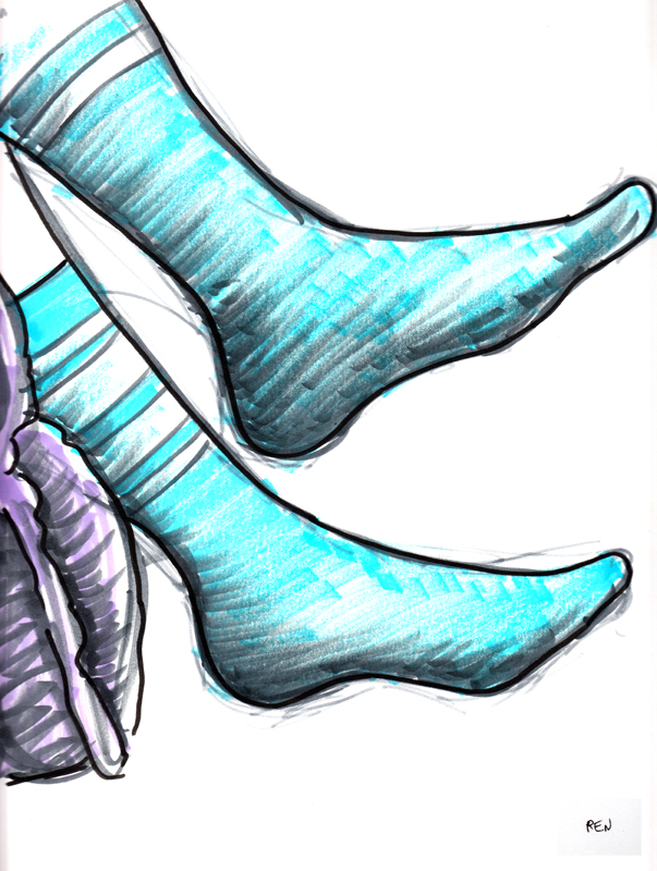 Marker drawing of blue socks against purple chair.