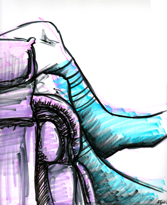 Marker drawing of blue socks against purple chair.