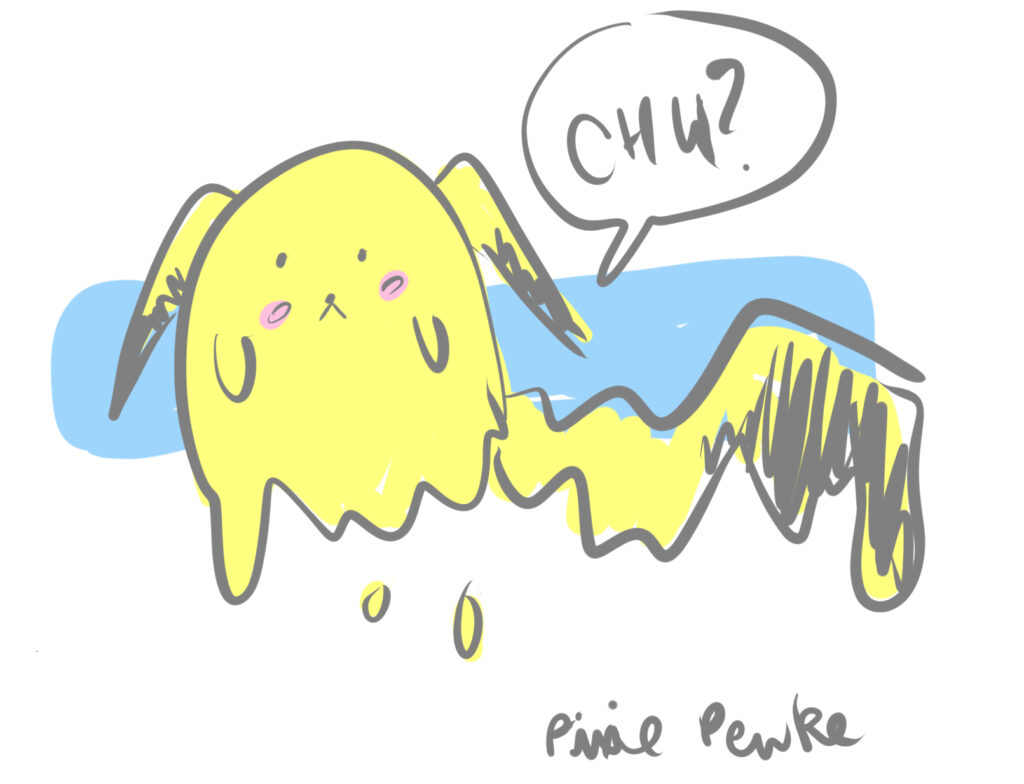 Digital derpy fan art drawing of the electric yellow pocket monster looking very tired and melting.