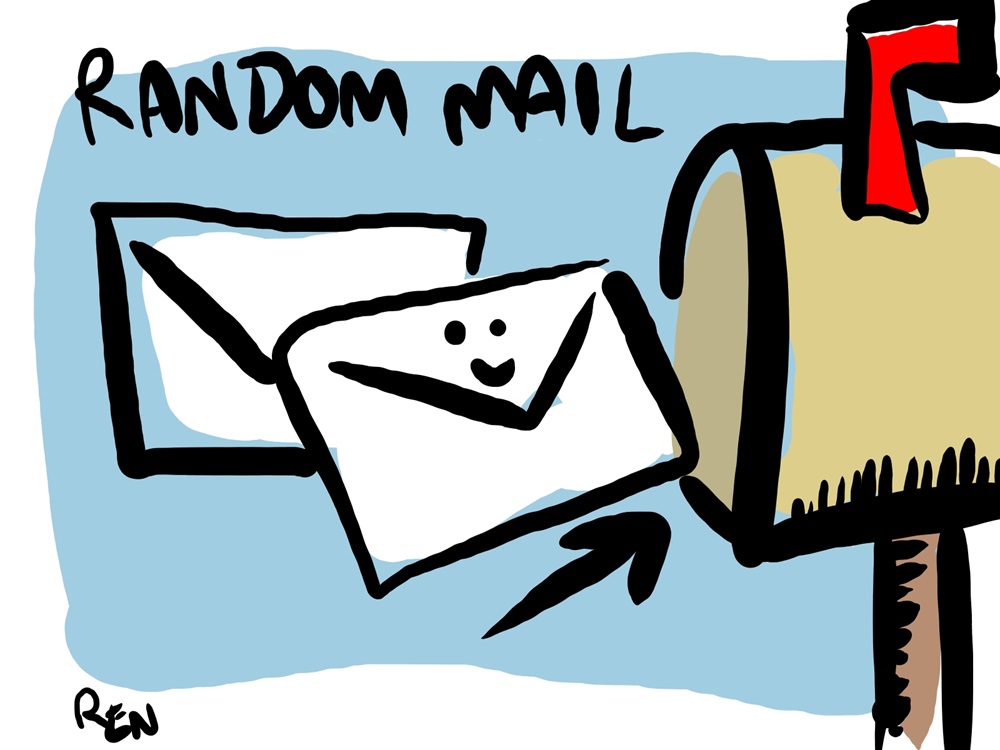 Digital art of happy mail going into a beige mailbox with a red flag up.