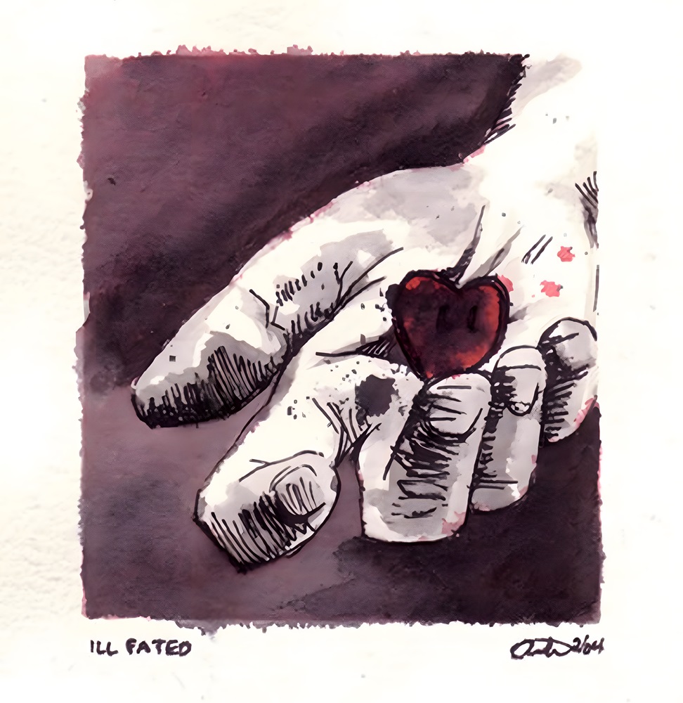 Watercolor painting titled "ILL FATED" by Ren Morrison (as Amber Guffey/wiredangel). Painting features a hand holding a heart. Medium: ink