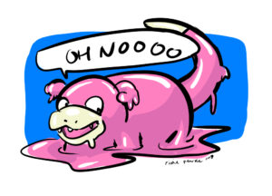 Digital fan art drawing of the pink pocket monster melting and looking confused while accepting its fate.