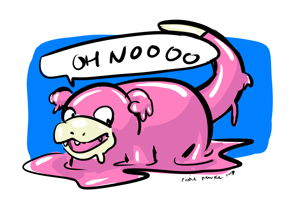 Digital fan art drawing of the pink pocket monster melting and looking confused while accepting its fate.