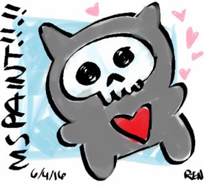 Cartoon creature that looks like a stuffed animal with cat ears, a heart on it's chest and a skull for a face. Next to the image is the words "MS PAINT!!!"