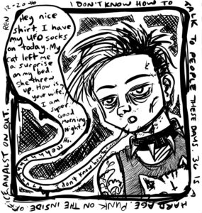 Drawing of a person with a spiked collar, spiked hair, tank top talking. Art by Ren Morrison/Ren Fracture.