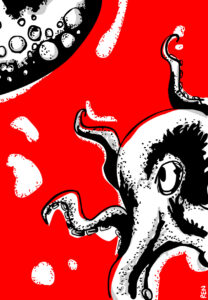 Black and red drawing of an octopus approaching the moon from the southeast.