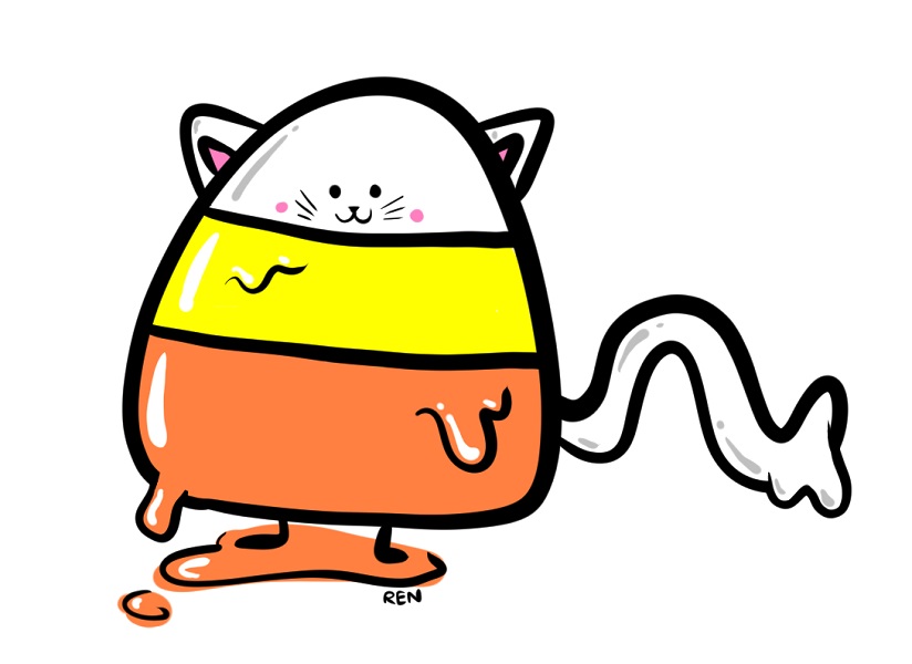 Drawing of a candy corn that is half candy corn and half cute cat. It is melting.