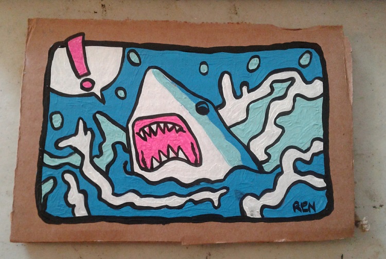 Finished painting of Derp Shark on cardboard. Cartoon looking shark with exclamation in a word bubble painted on cardboard. Art by Ren Morrison