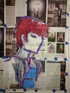 Photo of finished artwork "Trista" painting on newspaper taped to wall. Art by Ren Morrison