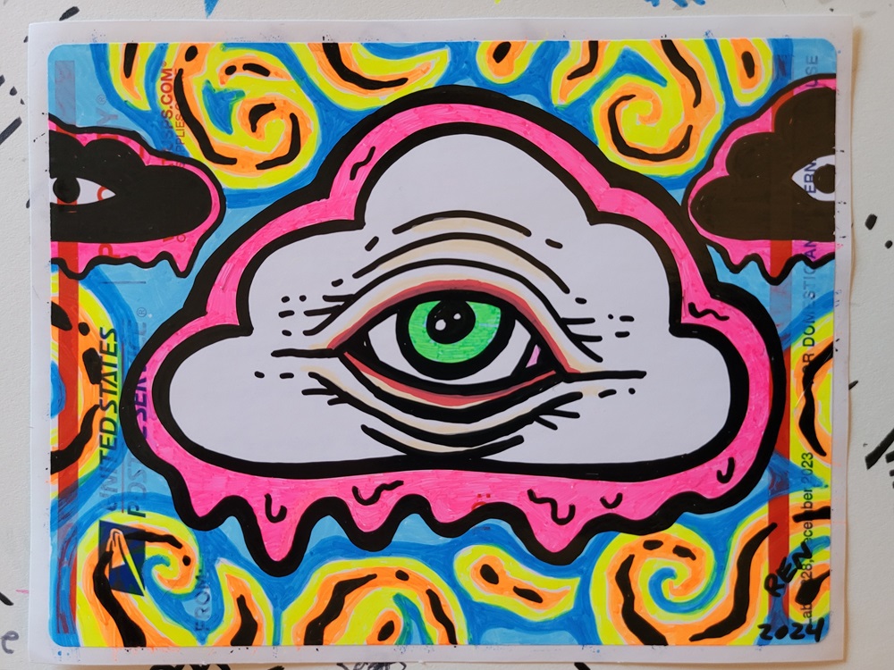 Photo of marker art on a sticker depicting a cloud with an eye dripping ooze.