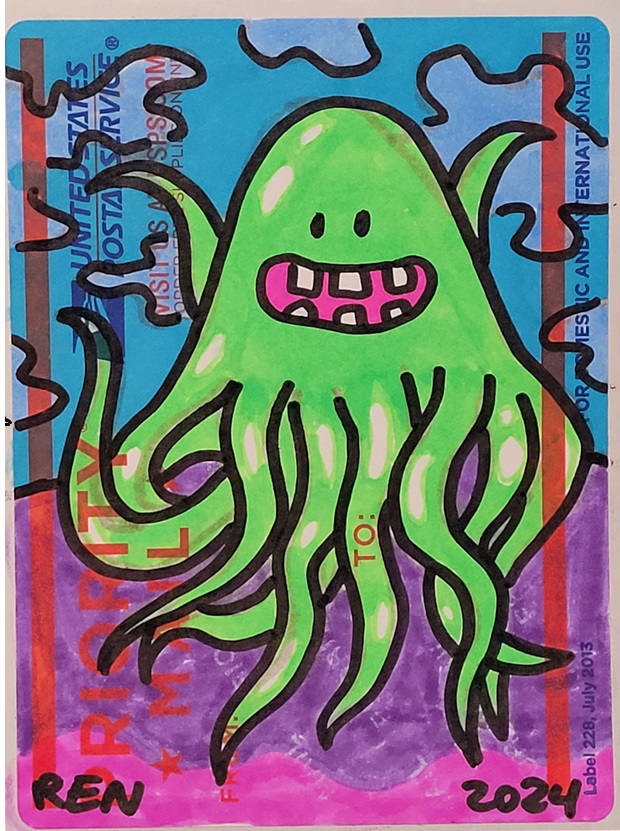 Photo of marker art on a sticker depicting a happy tentacle type creature with an open smiling mouth and a few teeth.