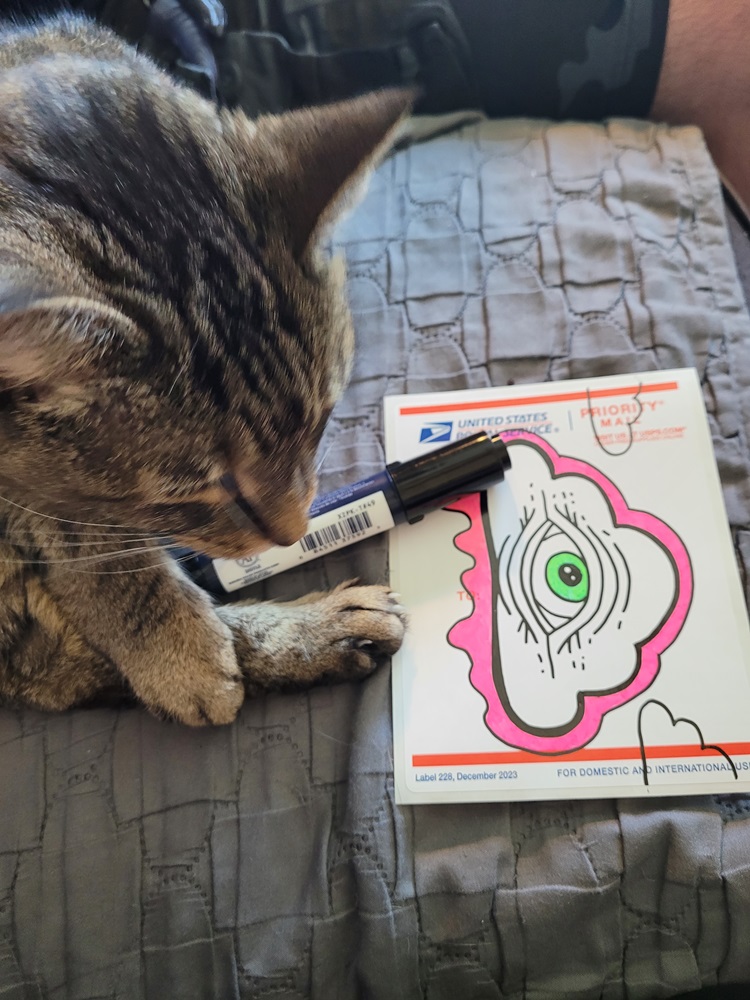 Photo of taking a break from drawing marker art on a sticker depicting a cloud with an eye dripping ooze next to my cat.