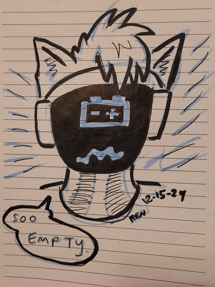 Protogen furry art marker sketch on paper. Protogen with low battery icon on visor. They are saying, "Soo empty."