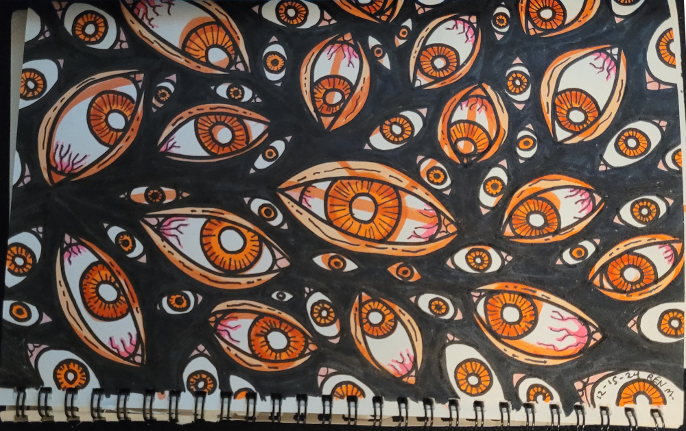 Photo of drawing marker art depicting a eyes, many eyes. Title "The Look Like Other People" 