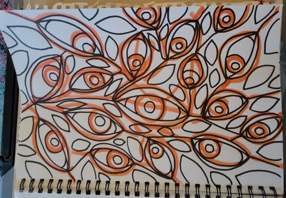 Photo of initial drawing marker art depicting a eyes, many eyes. Title "The Look Like Other People" 