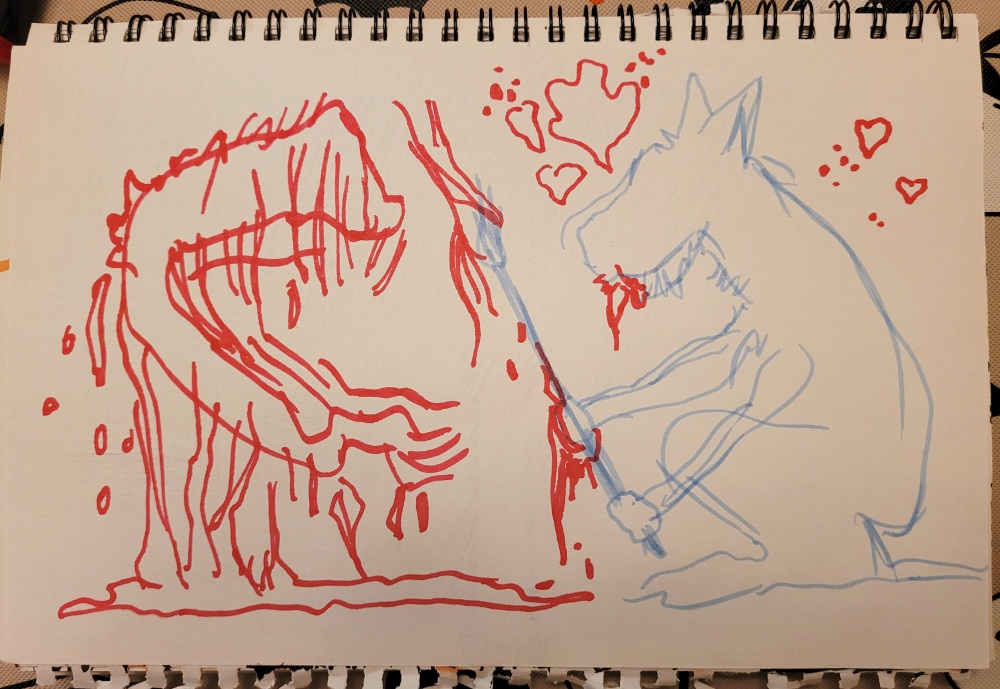 Marker drawing of red thing with stuff dripping next to outline of figure in blue.