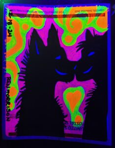 Photo of drawing marker art on a sticker under blacklight/UV light depicting two furries booping noses. Title "Nose Boops"