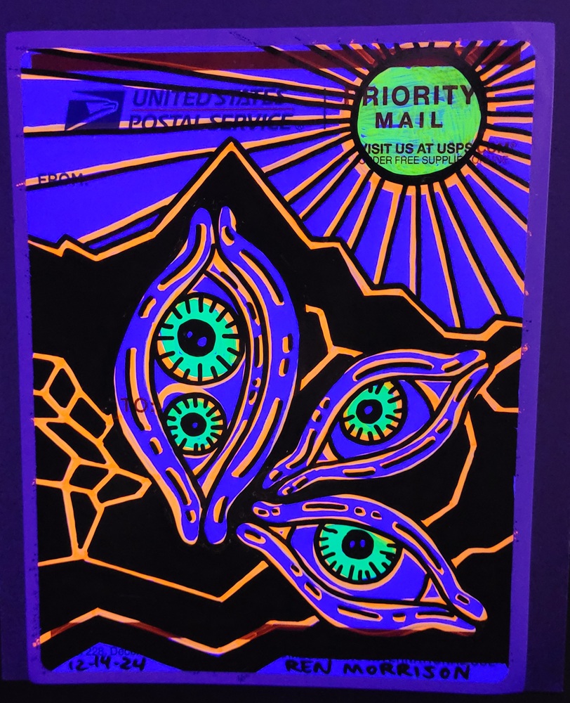 Photo of drawing marker art on a sticker depicting a eyes against black cracked ice shown under black light. Title "Waiting" 