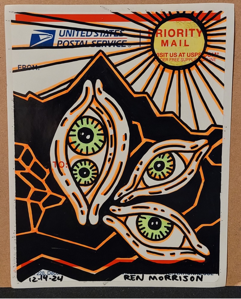 Photo of drawing marker art on a sticker depicting a eyes against black cracked ice. Title "Waiting" 