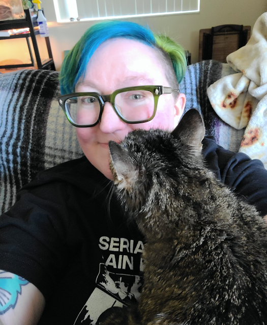 A captivating image displays a vibrant person with blue hair and green glasses, sitting cozily on a couch, cradling a gray-brown cat. The scene is enhanced by a black t-shirt graphic, a warm blanket, a book, and a softly-blinded window, evoking a relaxed atmosphere.