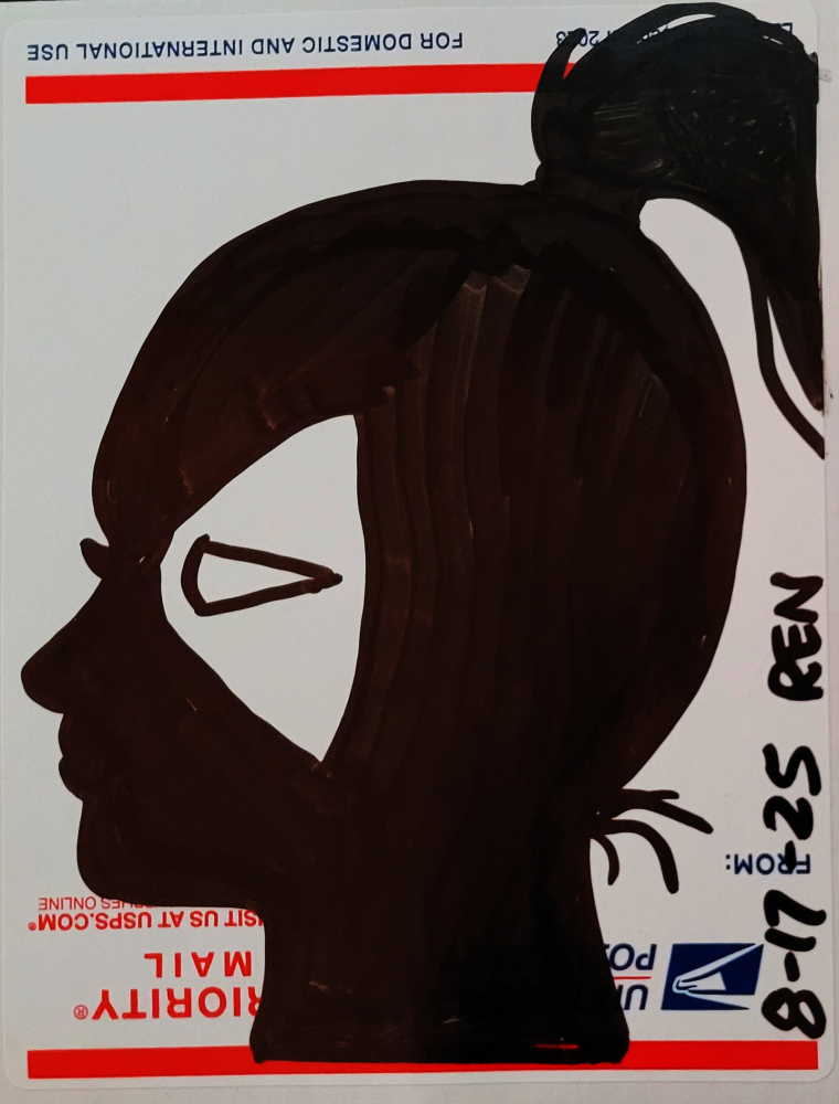 Black marker silhouette of a person's head in profile with a ponytail, drawn on a USPS Priority Mail label; labeled "8-17-25 Ren" in black ink.