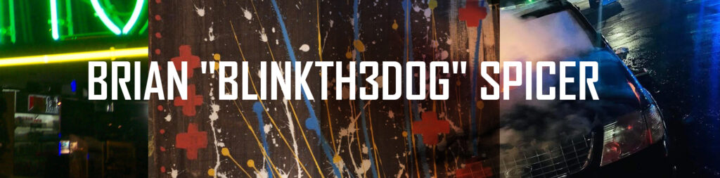 BRIAN "BLINKTH3DOG" SPICER - Artwork Banner for https://blinkth3dog.carrd.co/ A captivating image displays a vibrant collage, where a bold centerpiece reigns. The cityscape with a neon green sign, and the brightly colored building on the side, create a visually stunning depth and focus on the theme. Each element adds intrigue to this urban scene.