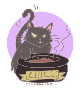 Drawing of cartoon cat looking evil in front of pot that is labeled "CHILLI."