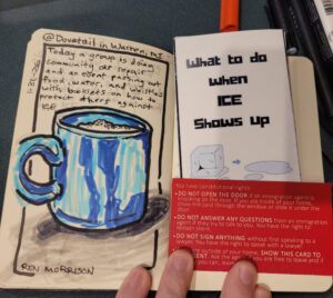 Drawing of a journal entry with writing and a drawing of a blue coffee mug with white frothy drink inside. Next to the drawing are two informational cards.