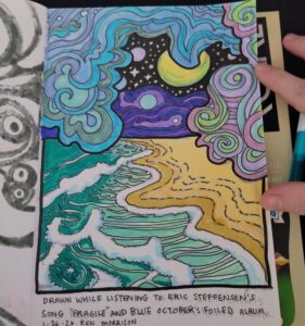 Thumbnail of Finished "Acid Beach" Drawing of a beach with waves, sky and clouds colored with markers.